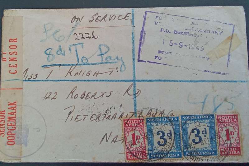 *REDUCED* Union of SA On Service Cover - (Port Elizabeth to Pietermaritzburg) Censor Stickers